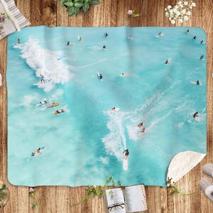 Surfing Beach Blanket Hawaii Beach House Decor Sherpa Fleece Blanket Aqua Blue Coastal Throw Blanket Housewarming Gift for Surfers