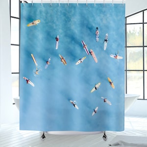 Surfing Beach Shower Curtain Hawaii Beach House Bathroom Decor Aqua Blue Coastal Bath Curtain Housewarming Gift for Surfers