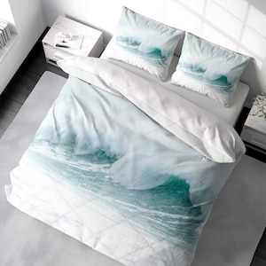 Conjunto de capa de edredom costeira Ocean Wave Minimal Beach Bedding, capa de edredom de luxo Seascape King Queen Full Double Twin. 100% algodão acetinado imagem 1