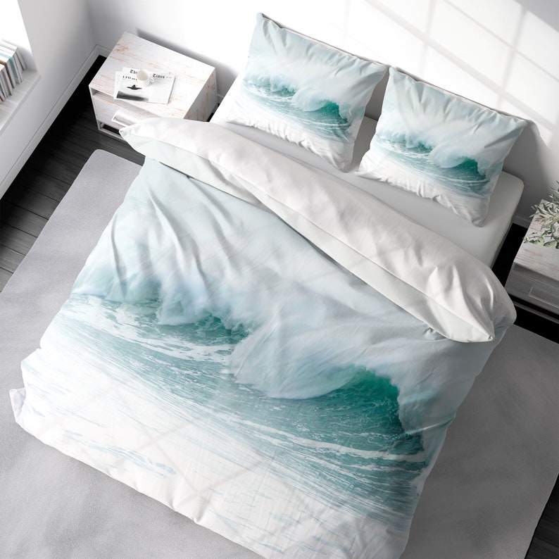 Conjunto de capa de edredom costeira Ocean Wave Minimal Beach Bedding, capa de edredom de luxo Seascape King Queen Full Double Twin. 100% algodão acetinado imagem 1