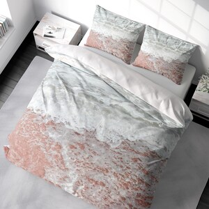 Juego de funda nórdica Pink Beach Juego de ropa de cama de espuma marina Pastel Beach Summer Paradise Funda nórdica King Queen Full Double Twin 100% algodón satén