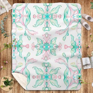 Pastel Pink Green Blanket Symmetrical Abstract Mirrored Watercolor Sherpa Fleece Throw Blanket Girlish Pastel Decor. Housewarming Gift