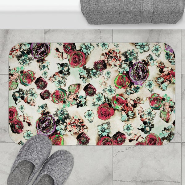 Floral Bath Mat Retro Boho Vintage Style Flowers. Non-Slip Memory foam Bath Mat. Bohemian Girl's Bathroom Decor. Housewarming Gift