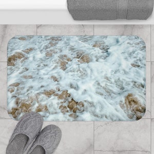 Beige Beach Bath Mat Housewarming Gift for Surfers Coastal Sand Beach Sea Foam Non-Slip Memory foam Bath Mat Boho Ocean Bathroom Decor