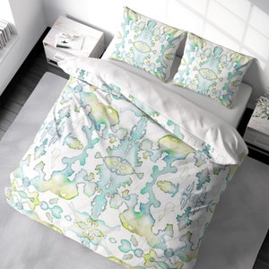 Dreamy Aqua Blue Watercolor Duvet Cover King Queen Full Twin Whimsical Girlish Icy Pastel Abstract Luxury Bedding Set 100% Cotton Sateen