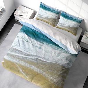 Coastal Beach Duvet Cover Set Ocean Landscape Seascape Bedding, Ocean Waves Duvet Cover King Queen Full Double Twin. 100% Cotton Sateen