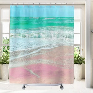 Beach Shower Curtain Pastel Pink Aesthetic Seascape Ocean Home Decor. Housewarming Gift for Beach Lovers