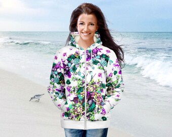 Bold Boho Floral Hoodie Wildflower Zip-up Women's Hooded Jacket Fall Winter Spring Hoodie with Fleece Lining Gift for Her XS-4XL