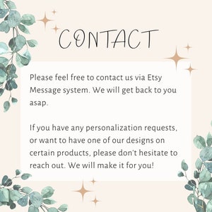 Puede incluir: Texto sobre un fondo rosa claro con hojas verdes y estrellas doradas. El texto dice "CONTACT" e incluye instrucciones sobre c&oacute;mo ponerse en contacto con el vendedor a trav&eacute;s de Etsy.
