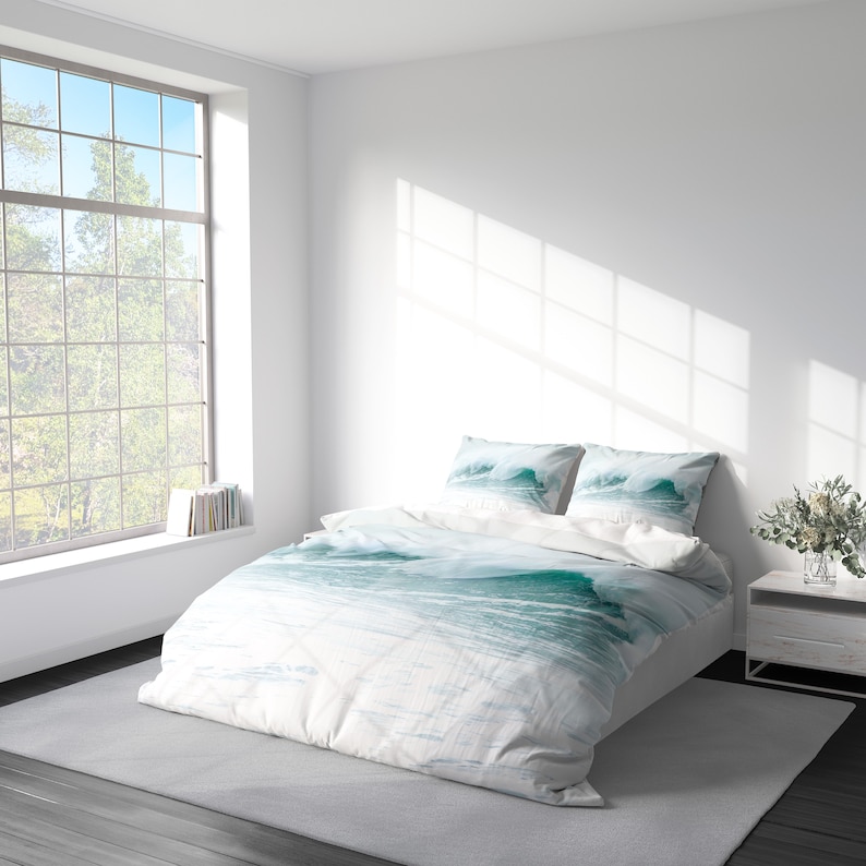 Conjunto de capa de edredom costeira Ocean Wave Minimal Beach Bedding, capa de edredom de luxo Seascape King Queen Full Double Twin. 100% algodão acetinado imagem 3