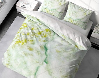 Sea Foam Duvet Cover Set Pastel Green Yellow Coastal Bedding. Beach Duvet Cover King Queen Twin 100% Cotton Sateen