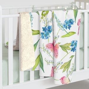 Floral Blanket Pink Butterflies & Green Leaves Sherpa Fleece Blanket Pastel Summer throw Blanket Nursery Decor. Housewarming Gift