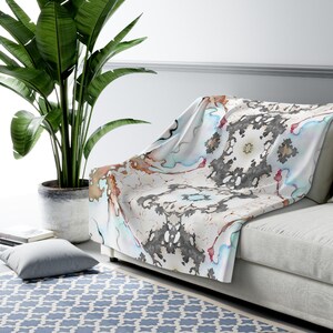 Symmetrical Abstract Blanket Light Blue Orange Sherpa Fleece Throw Blanket Decor. Housewarming Gift