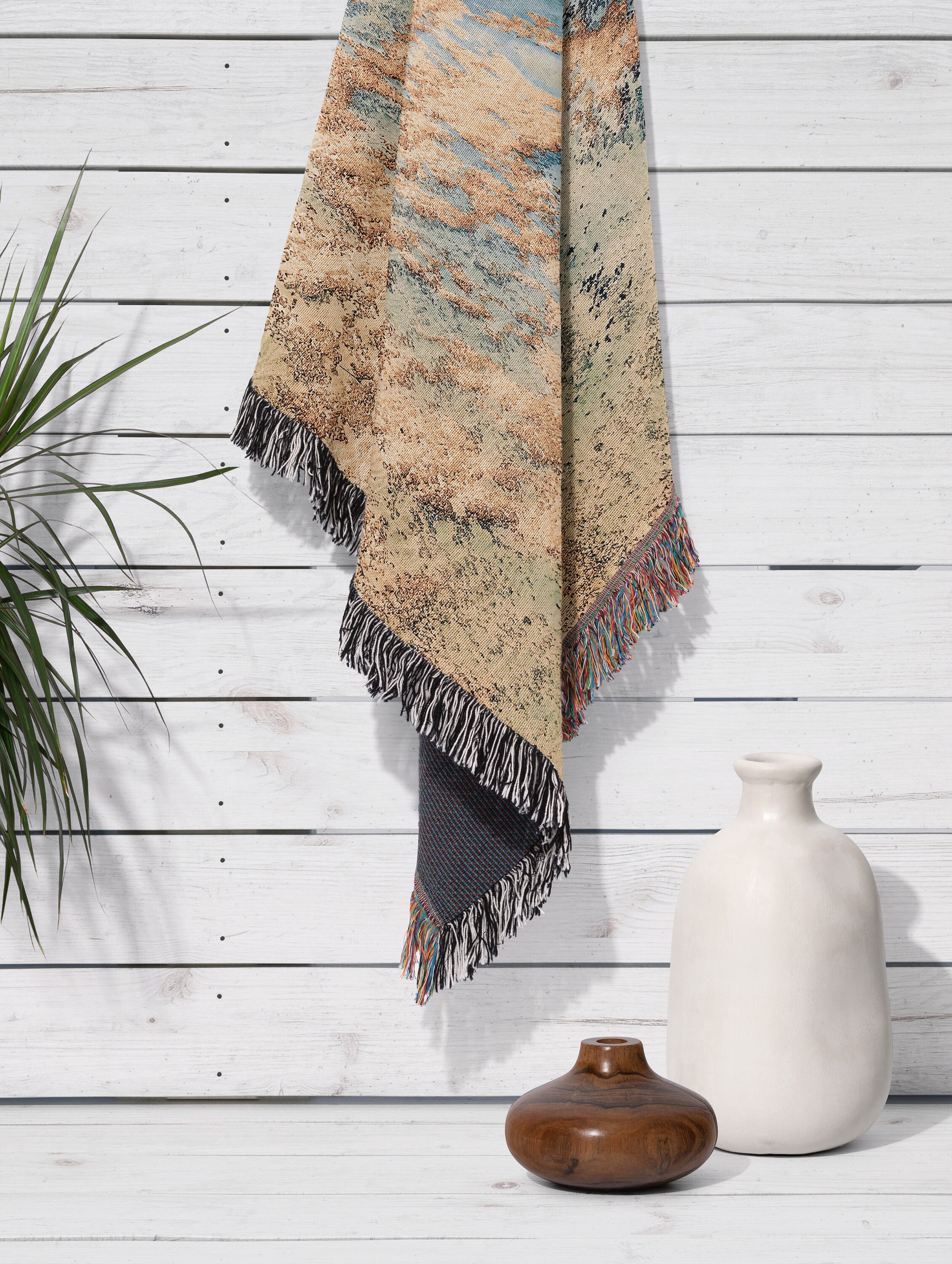 Woven Blanket Beach Coastal 100% Cotton Fringe Blanket Ocean