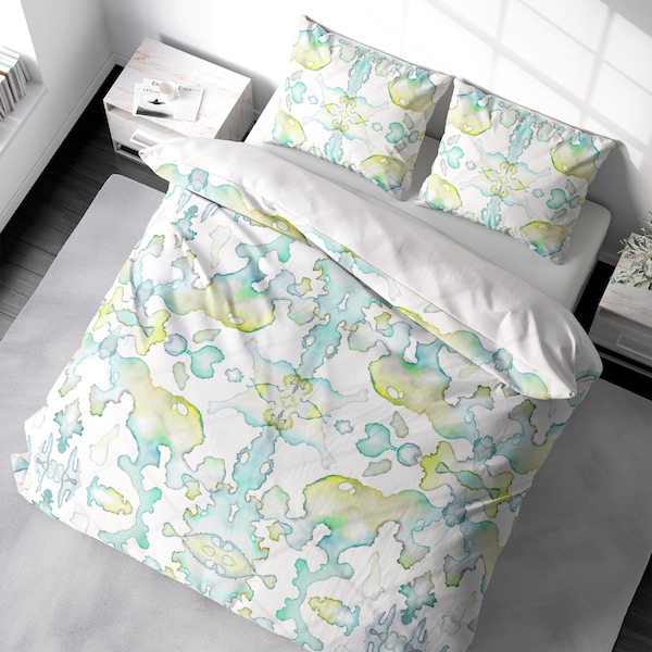 Housse de couette jaune aqua, parure de lit de luxe aquarelle abstraite fantaisiste, housse de couette très grand lit double jumeau. Satin 100 % coton