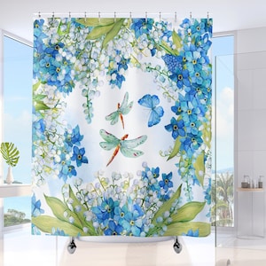 Boho Botanical Shower Curtain, Wildflower Garden Bath Curtain, Summer Paradise Dragonfly Bathroom Decor & Housewarming Gift for Women Girls