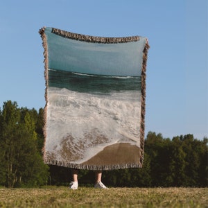 Woven Blanket Beach Coastal 100% Cotton Fringe Blanket Ocean Landscape Throw Blanket Tapestry in Vintage Style. Housewarming Gift for Mom