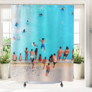 Tropical Beach Shower Curtain Hawaii Beach House Bathroom Decor Friends Water Jump Bath Curtain Housewarming Gift for Surfers