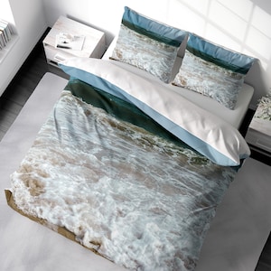 Coastal Beach Duvet Cover Set, Ocean Landscape Seascape Bedding, Ocean Waves Duvet Cover King Queen Full Double Twin. 100% Cotton Sateen
