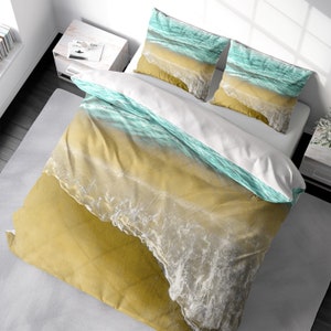 Coastal Beach Duvet Cover Set Pastel Blue & Yellow Ocean Wave Bedding. Luxury Duvet Cover King Queen Full Double Twin. 100% Cotton Sateen