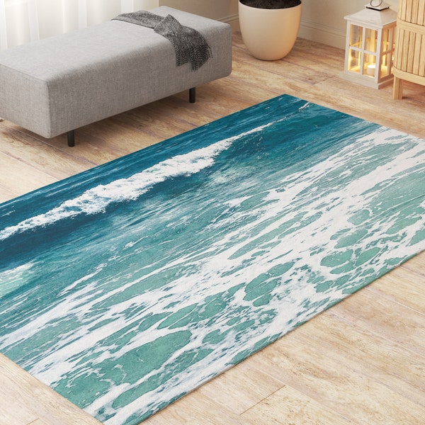 Aqua Blue Beach Rugs Ocean Living Room Bedroom Rug. Ocean Wave, Seascape, Coastal Rug for Housewarming Gift