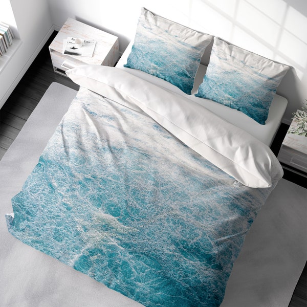 Aqua Coastal Duvet Cover Set, Oceanic Beach Bedding, Sea Foam Duvet Cover King Queen Full Double Twin. 100% Cotton Sateen