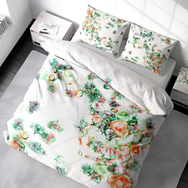 100 Cotton Sateen Floral Duvet Cover Pillow Shams Set Etsy
