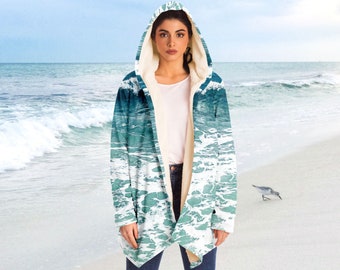 Women's Jacket Open-Front Outwear Aqua Oceanic Beach Hooded Outwear | Cardigan | Cloak with Fleece Lining Gift for Her XS-4XL