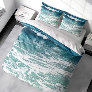 Coastal Beach Duvet Cover Set Aqua Blue Ocean Coastal Bedding. Luxury Duvet Cover King Queen Full Double Twin. 100% Cotton Sateen