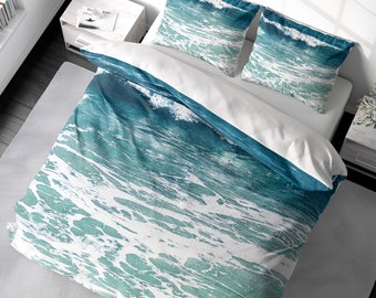 Conjunto de capa de edredom de praia costeira Aqua Blue Ocean Coast Bedding. Capa de edredom de luxo King Queen Full Double Twin. 100% algodão acetinado