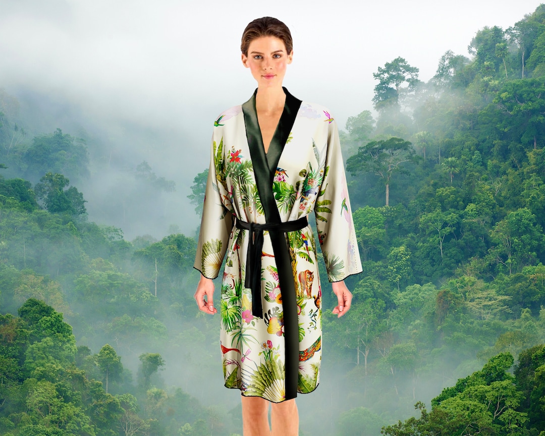 Shimpan Robe Tropical Jungle Kimono Robe 100% Real Silk Wedding Gift for Bride, Palm ...