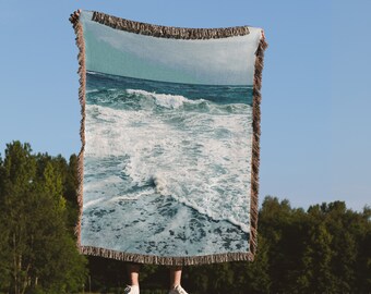 Woven Blanket Beach Coastal 100% Cotton Fringe Blanket Ocean Landscape Throw Blanket Tapestry In Vintage Style. Housewarming Gift For Mom