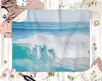 Surfing Beach Blanket Hawaii Beach House Decor Sherpa Fleece Blanket Aqua Blue Coastal Throw Blanket Housewarming Gift for Surfers