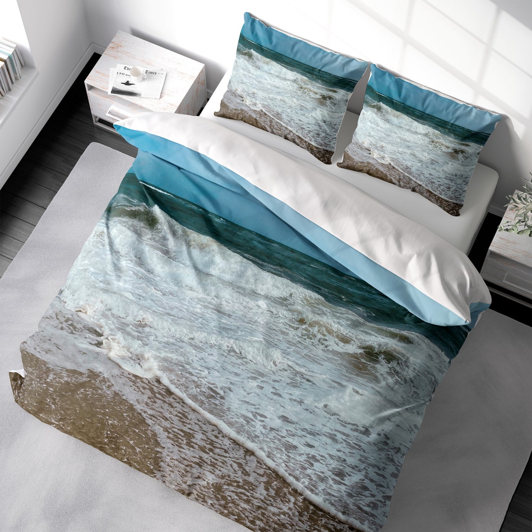 Coastal Beach Duvet Cover Set, Ocean Landscape Seascape Bedding, Ocean