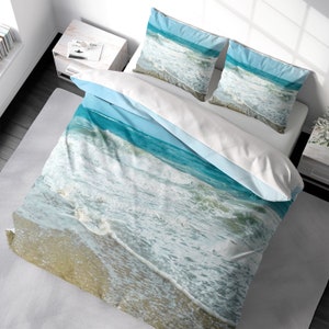 Coastal Beach Duvet Cover Set, Ocean Landscape Seascape Bedding, Ocean Waves Duvet Cover King Queen Full Double Twin. 100% Cotton Sateen