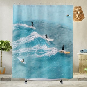 Surfing Beach Shower Curtain Hawaii Beach House Bathroom Decor Aqua Blue Coastal Bath Curtain Housewarming Gift for Surfers