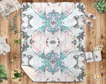 Pastel Pink Blue Blanket Symmetrical Abstract Mirrored Watercolor Sherpa Fleece Throw Blanket Girlish Pastel Decor. Housewarming Gift