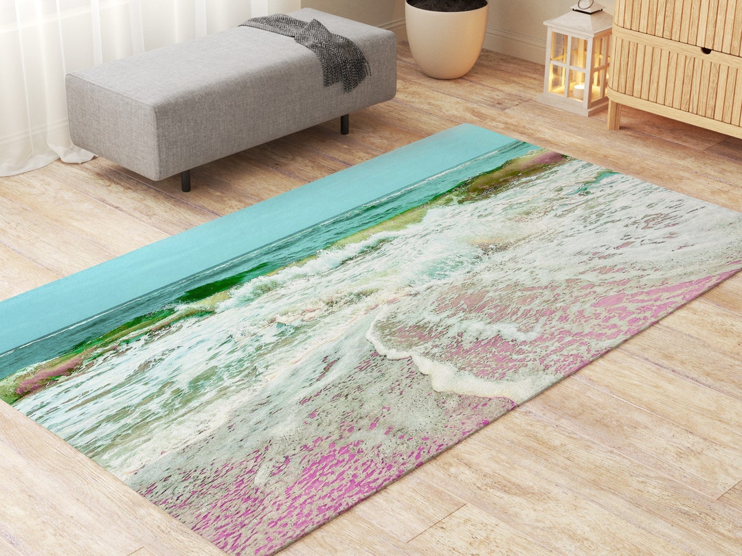 Pink Beach Rug Danish Pastel Pink & Blue Ocean Living Room Bedroom Rug ...