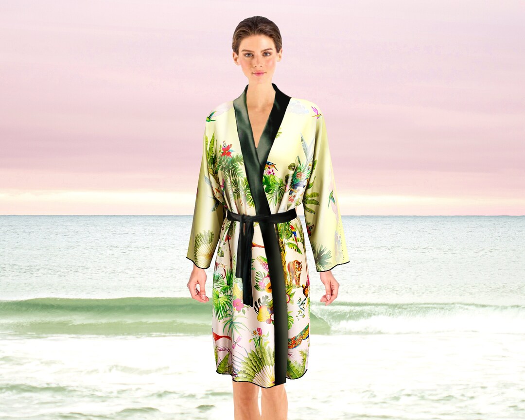 Tropical Jungle Kimono Robe 100% Real Silk Wedding Gift for Bride, Palm ...