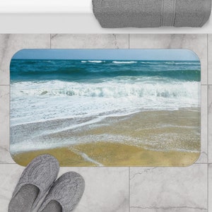 Coastal Beach Bath Mat Housewarming Gift for Surfers Ocean Landscape Seascape Non-Slip Memory foam Bath Mat Ocean Waves Bathroom Decor
