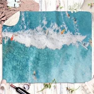 Surfing Beach Blanket Hawaii Beach House Decor Sherpa Fleece Blanket Aqua Blue Coastal Throw Blanket Housewarming Gift for Surfers