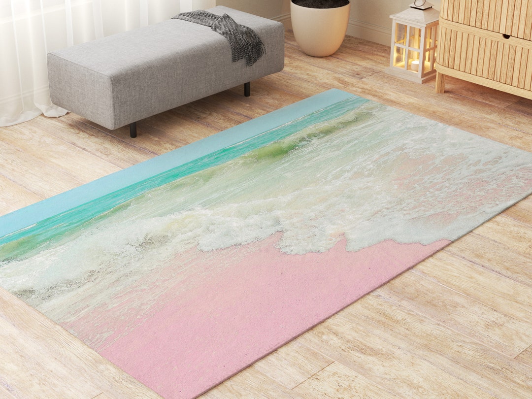 Pink Beach Rug Danish Pastel Pink & Blue Ocean Living Room Bedroom Rug ...