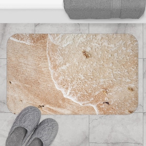 Beige Beach Bath Mat Housewarming Gift for Surfers Coastal Sand Beach Sea Foam Non-Slip Memory foam Bath Mat Boho Ocean Bathroom Decor