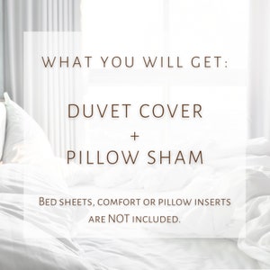 Pode incluir: Capa de edredom e fronha brancas em uma cama. O texto diz: "WHAT YOU WILL GET: DUVET COVER + PILLOW SHAM BED SHEETS, COMFORT OR PILLOW INSERTS ARE NOT INCLUDED."
