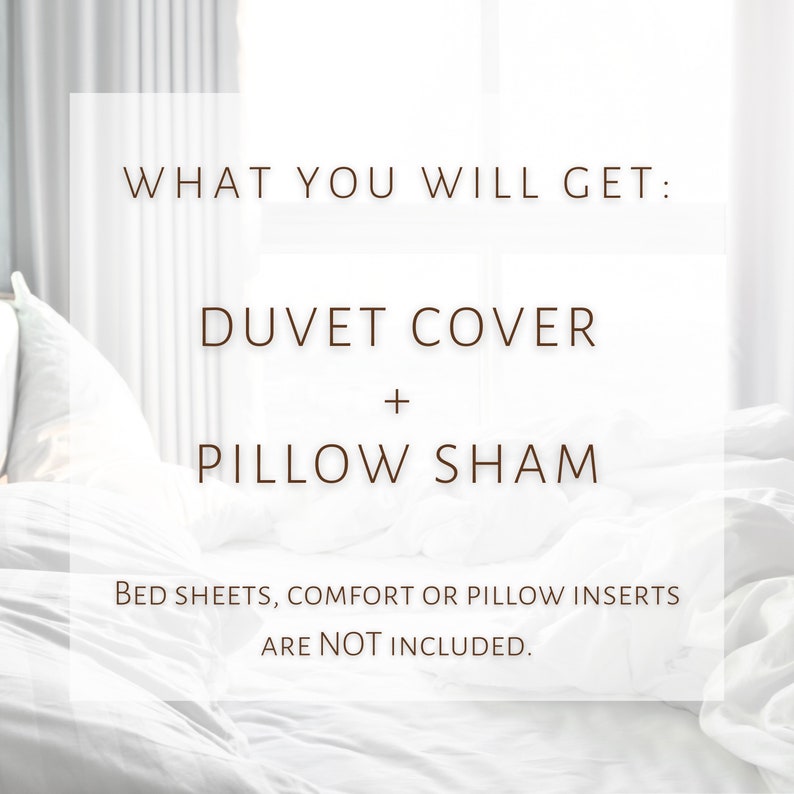 Pode incluir: Capa de edredom e fronha brancas em uma cama. O texto diz: "WHAT YOU WILL GET: DUVET COVER + PILLOW SHAM BED SHEETS, COMFORT OR PILLOW INSERTS ARE NOT INCLUDED."