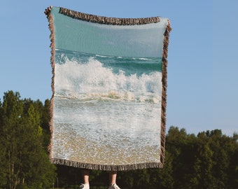 Woven Blanket Beach Coastal 100% Cotton Fringe Blanket Ocean Landscape Throw Blanket Tapestry in Vintage Style. Housewarming Gift for Mom