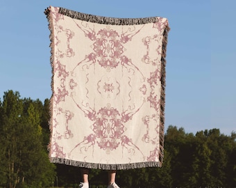 Pink Woven Blanket Girly Blanket Gift Symmetrical Abstract Mirrored Watercolor Throw Blanket 100% Cotton Fringed Tapestry in Vintage Style