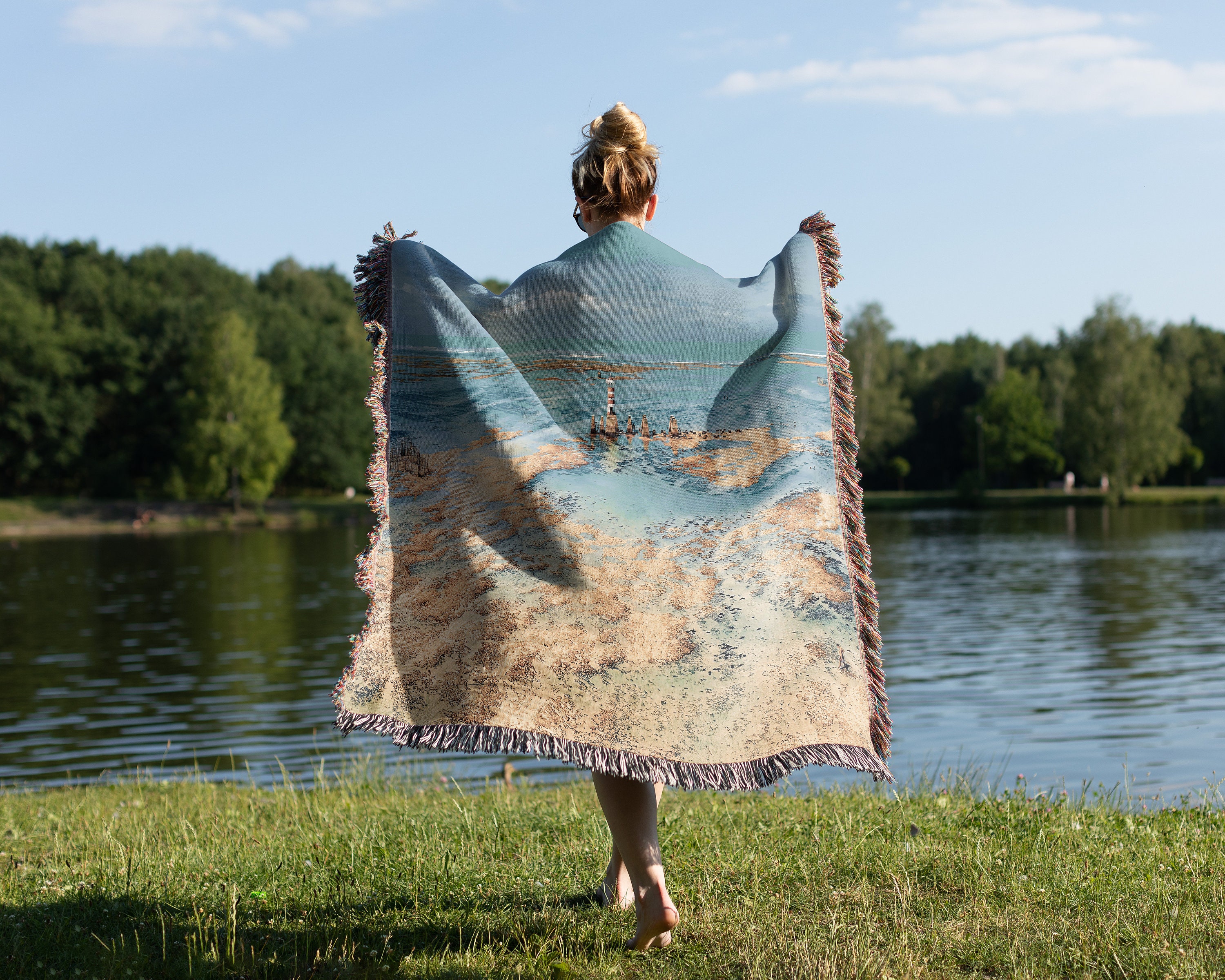 Woven Blanket Beach Coastal 100% Cotton Fringe Blanket Ocean