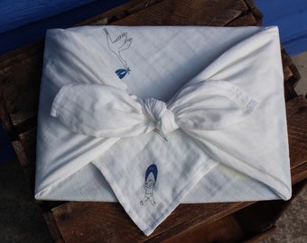 Furoshiki 70 cm LANGE para regalo de nacimiento en algodón orgánico teñido, tejido y cosido en Francia