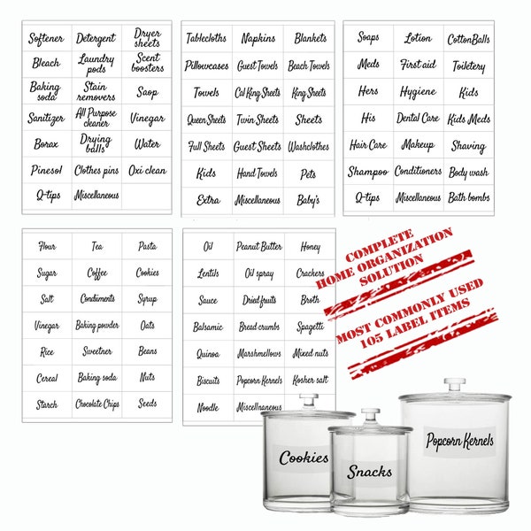 Modern Home organization Labels, Laundry room, Linen closet, Panty, Bathroom Decal Sticker Set for Storage Containers